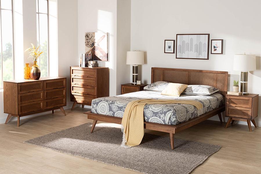 Baxton Studio Nura Mid-Century Modern Walnut Brown Finished Wood and Rattan Full Size 5-Piece Bedroom Set FredCo
