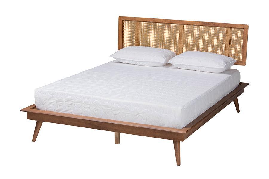 Baxton Studio Nura Mid-Century Modern Walnut Brown Finished Wood and Rattan King Size 4-Piece Bedroom Set FredCo