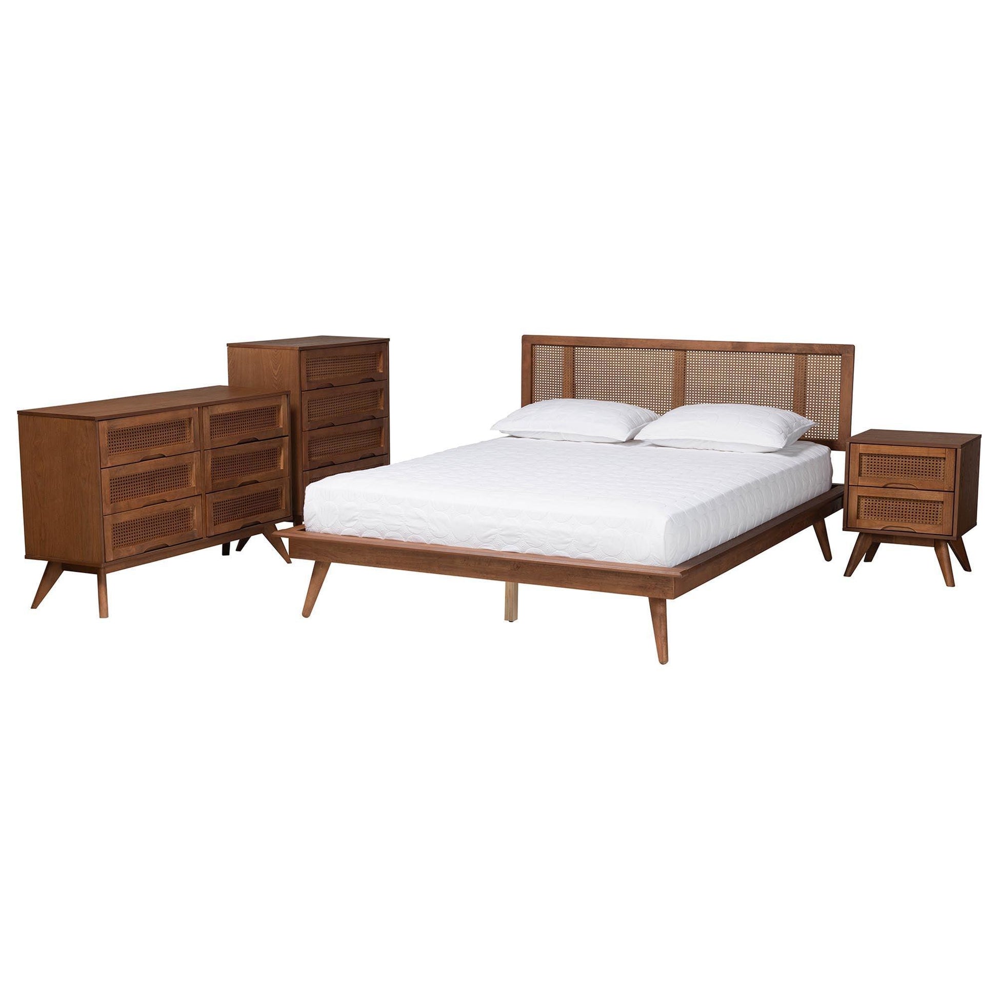 Baxton Studio Nura Mid-Century Modern Walnut Brown Finished Wood and Rattan King Size 4-Piece Bedroom Set FredCo