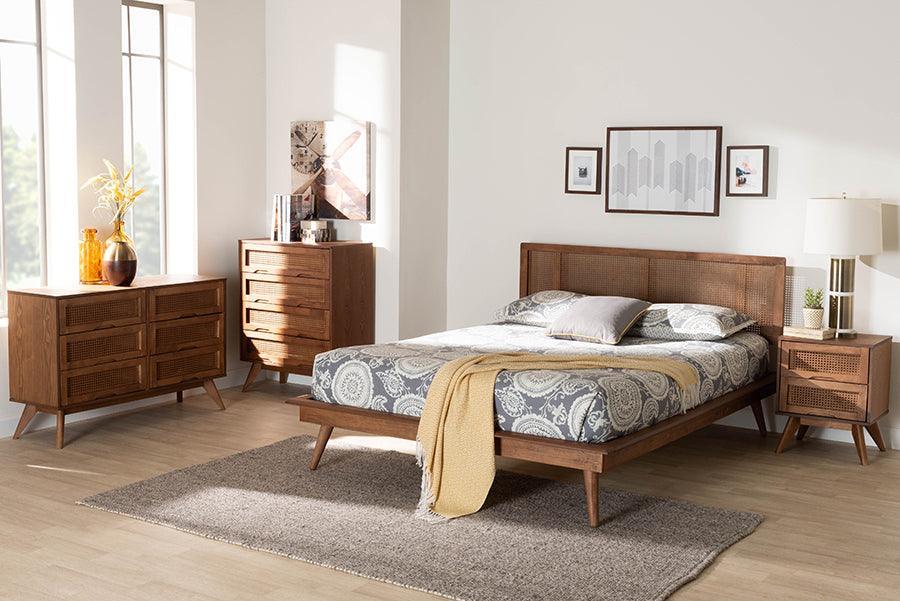 Baxton Studio Nura Mid-Century Modern Walnut Brown Finished Wood and Rattan King Size 4-Piece Bedroom Set FredCo