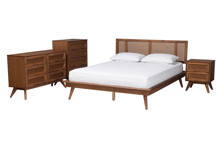 Baxton Studio Nura Mid-Century Modern Walnut Brown Finished Wood and Rattan King Size 4-Piece Bedroom Set FredCo