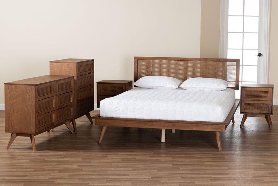 Baxton Studio Nura Mid-Century Modern Walnut Brown Finished Wood and Rattan King Size 5-Piece Bedroom Set FredCo