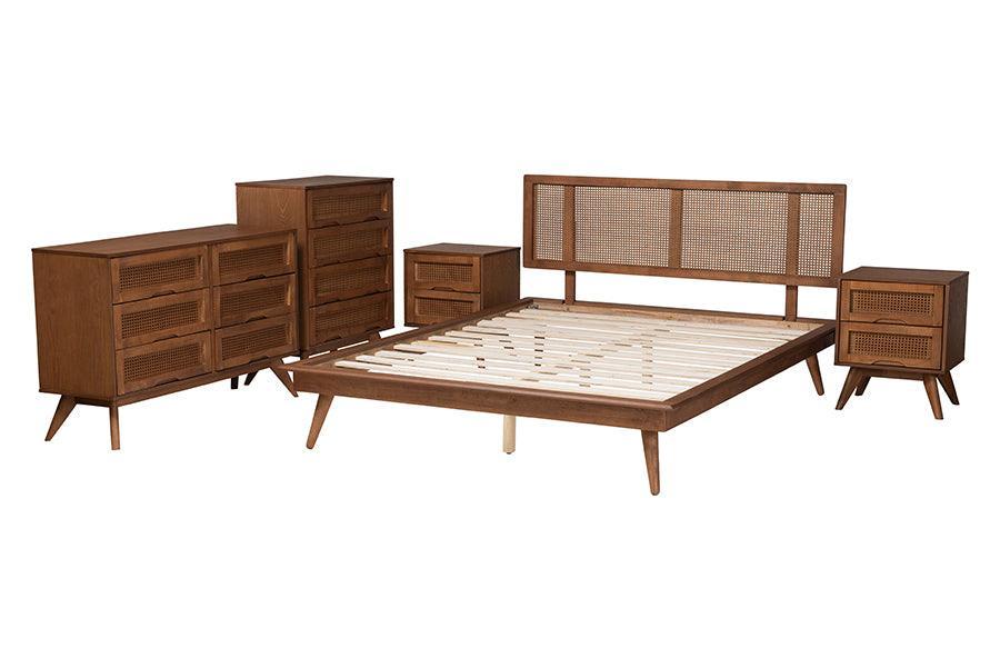 Baxton Studio Nura Mid-Century Modern Walnut Brown Finished Wood and Rattan King Size 5-Piece Bedroom Set FredCo