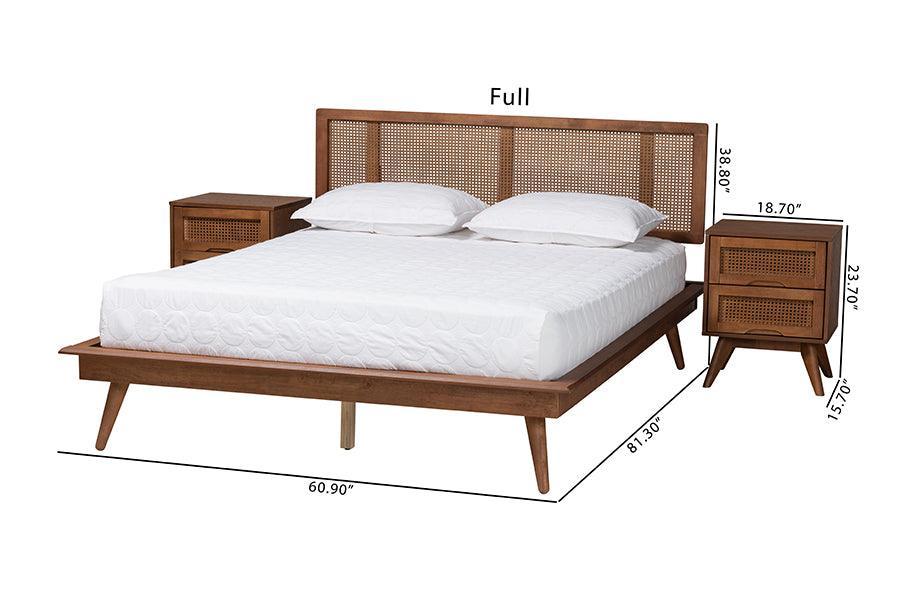 Baxton Studio Nura Mid-Century Modern Walnut Brown Finished Wood and Rattan Queen Size 3-Piece Bedroom Set FredCo