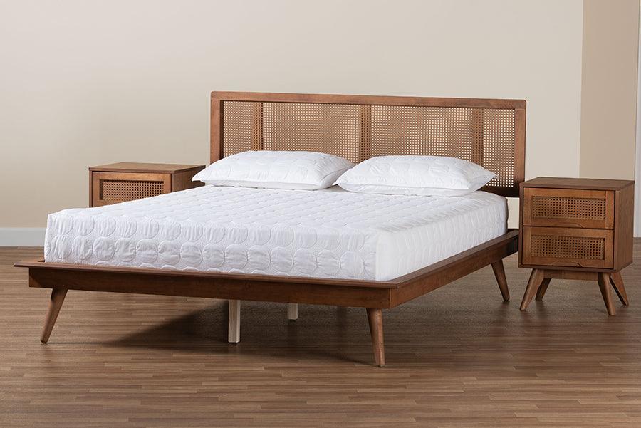 Baxton Studio Nura Mid-Century Modern Walnut Brown Finished Wood and Rattan Queen Size 3-Piece Bedroom Set FredCo