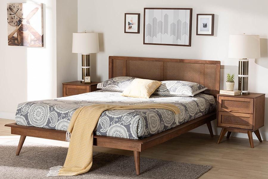 Baxton Studio Nura Mid-Century Modern Walnut Brown Finished Wood and Rattan Queen Size 3-Piece Bedroom Set FredCo
