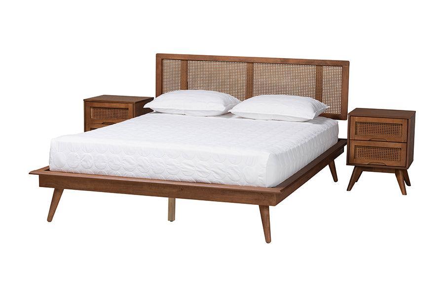 Baxton Studio Nura Mid-Century Modern Walnut Brown Finished Wood and Rattan Queen Size 3-Piece Bedroom Set FredCo