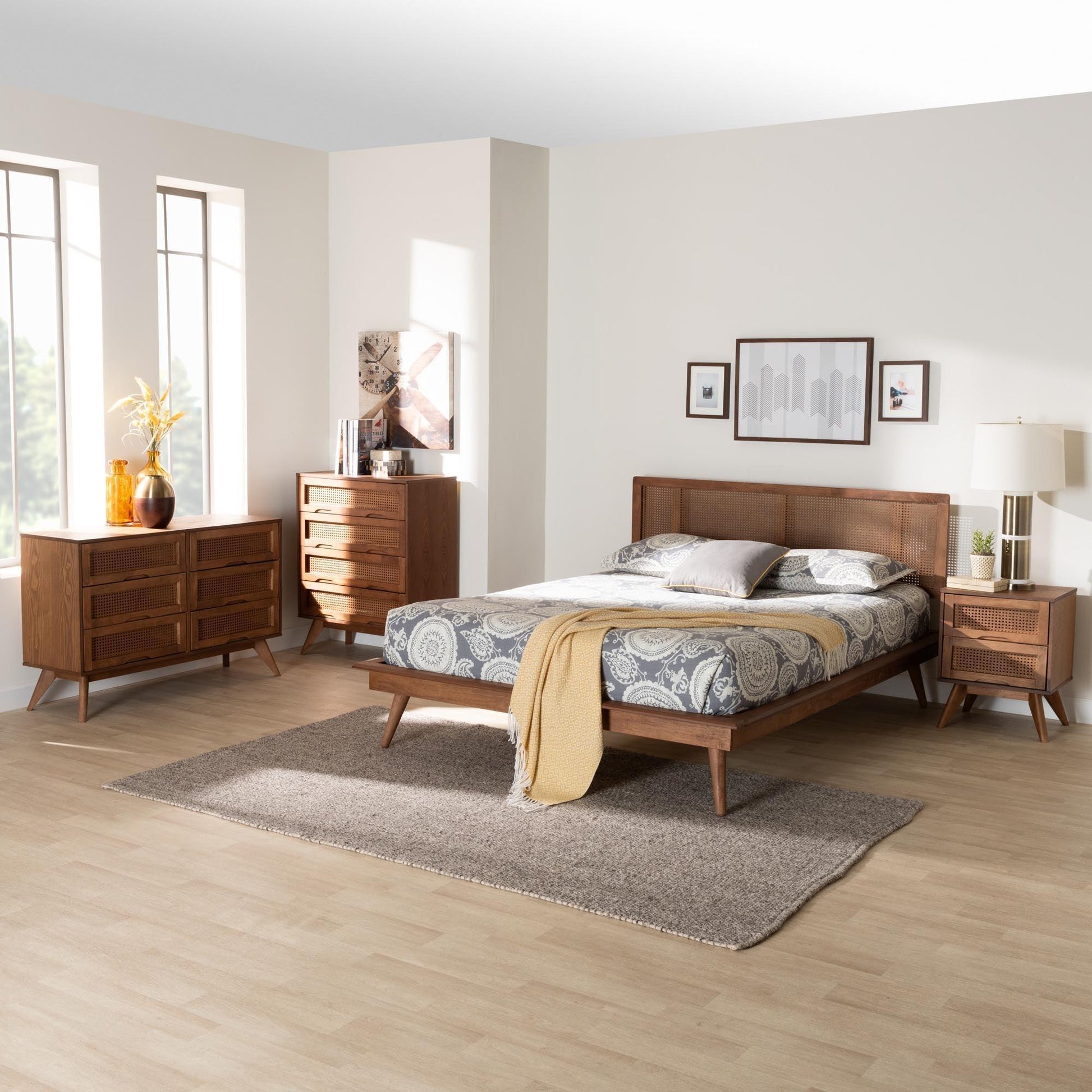 Baxton Studio Nura Mid-Century Modern Walnut Brown Finished Wood and Rattan Queen Size 4-Piece Bedroom Set FredCo