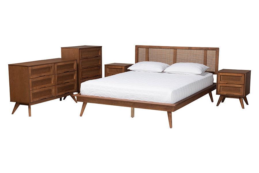 Baxton Studio Nura Mid-Century Modern Walnut Brown Finished Wood and Rattan Queen Size 5-Piece Bedroom Set FredCo