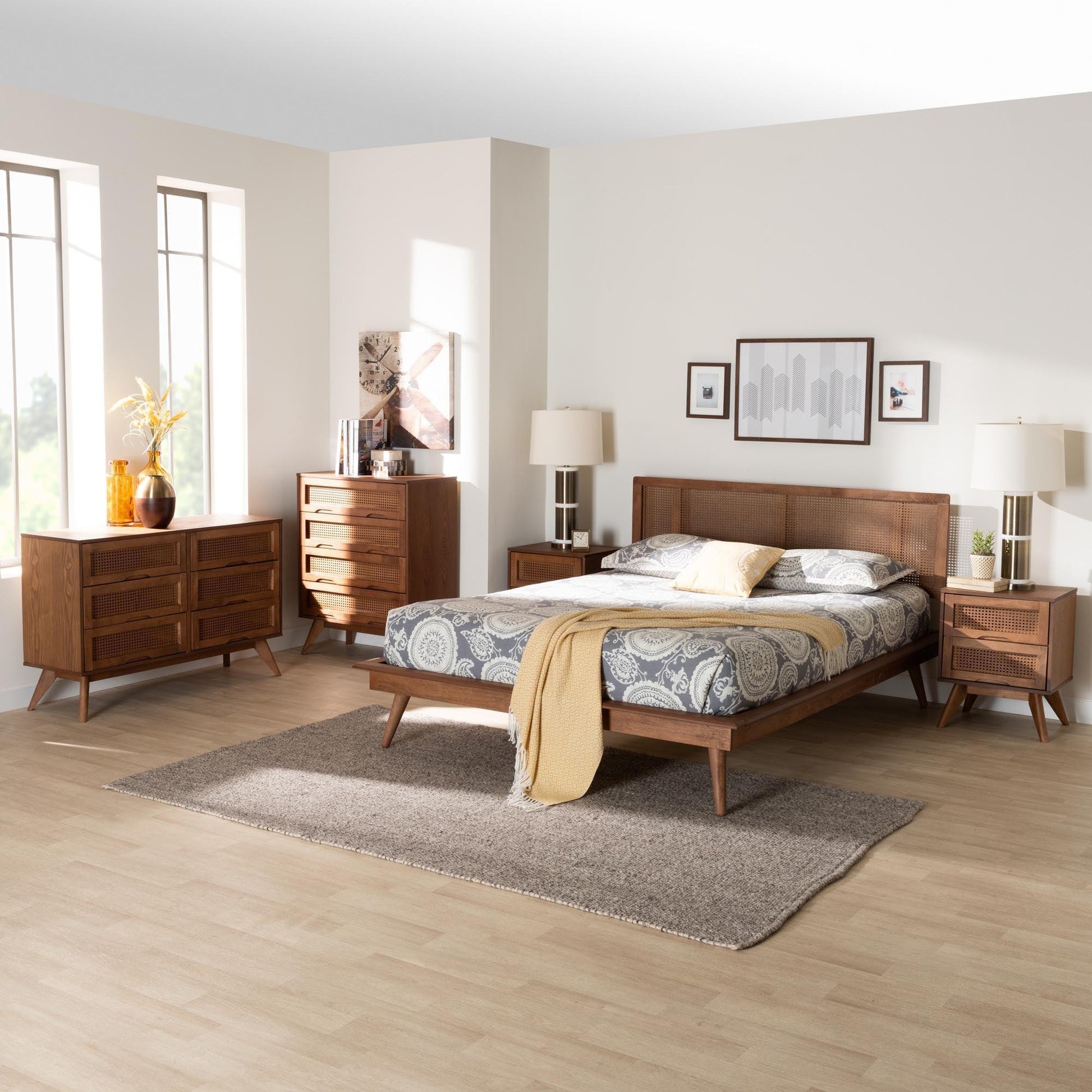 Baxton Studio Nura Mid-Century Modern Walnut Brown Finished Wood and Rattan Queen Size 5-Piece Bedroom Set FredCo