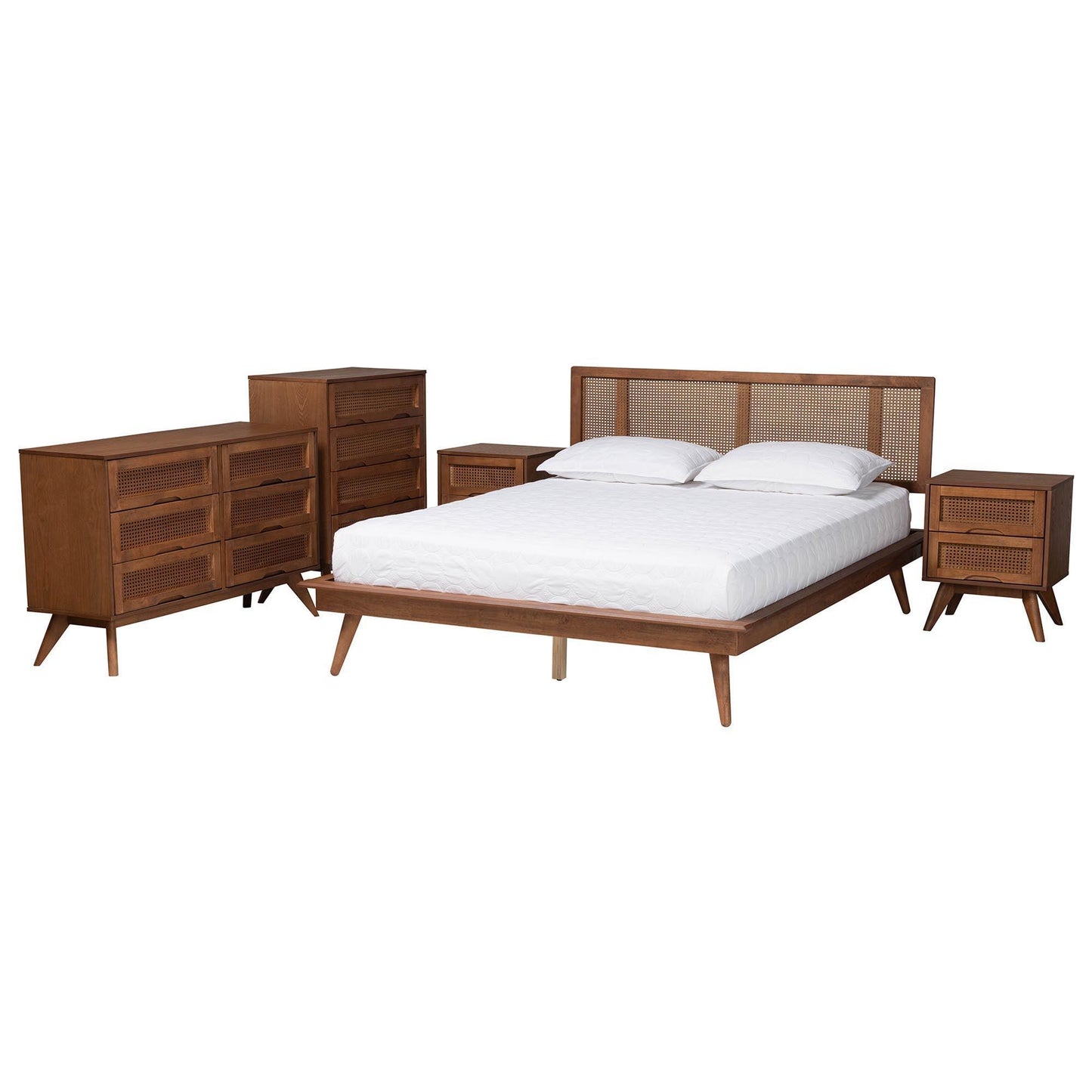 Baxton Studio Nura Mid-Century Modern Walnut Brown Finished Wood and Rattan Queen Size 5-Piece Bedroom Set FredCo