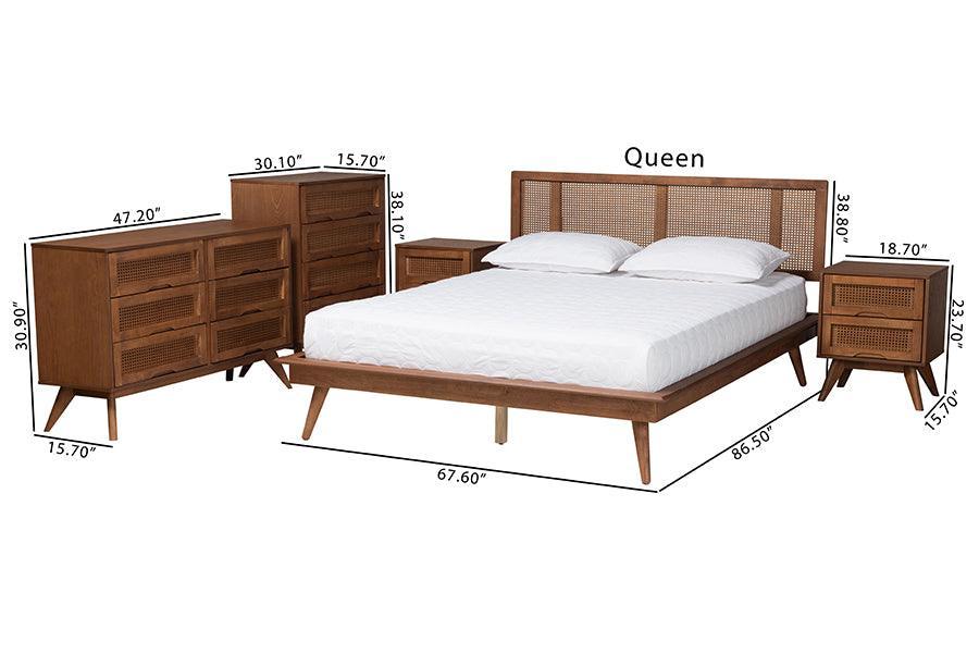 Baxton Studio Nura Mid-Century Modern Walnut Brown Finished Wood and Rattan Queen Size 5-Piece Bedroom Set FredCo