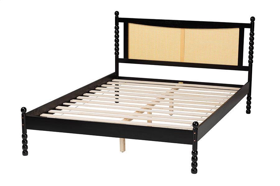 Baxton Studio Okena Mid-Century Modern Black Wood Queen Size Platform Bed with Woven Rattan FredCo