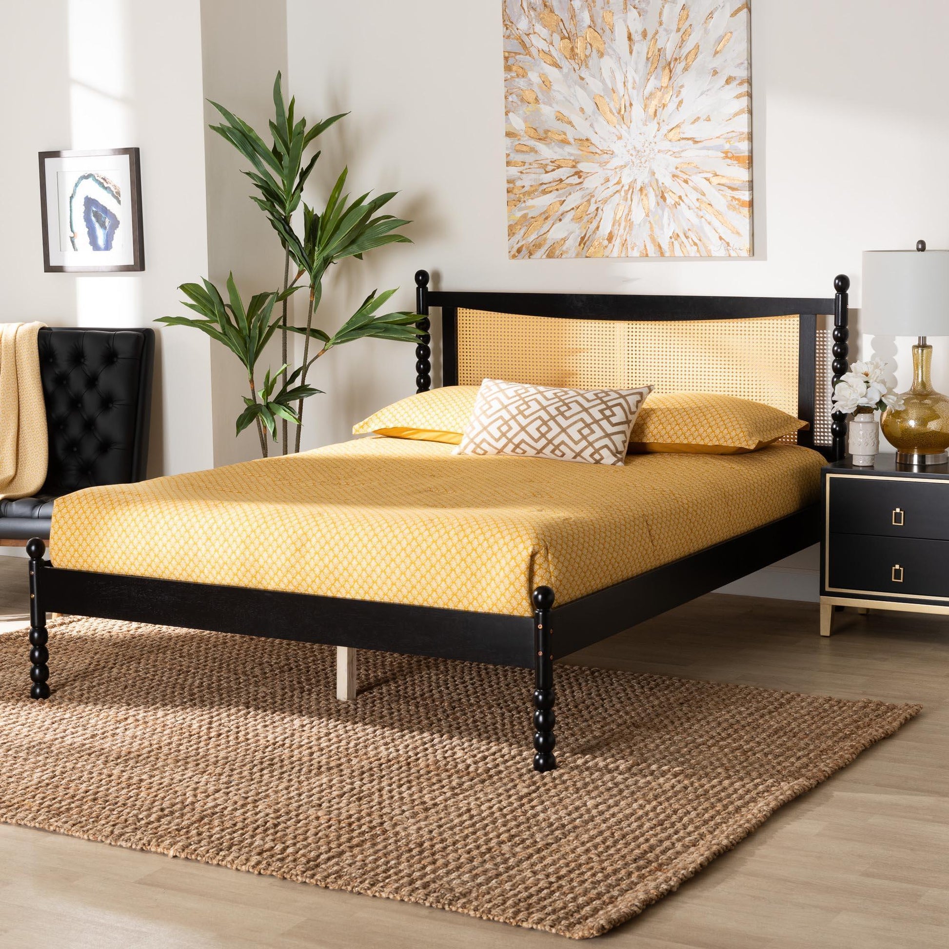 Baxton Studio Okena Mid-Century Modern Black Wood Queen Size Platform Bed with Woven Rattan FredCo