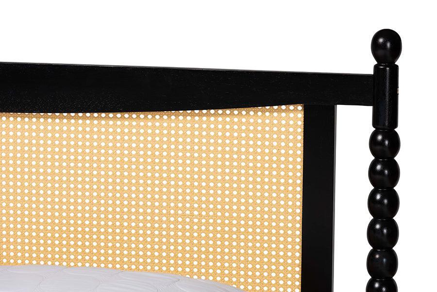 Baxton Studio Okena Mid-Century Modern Black Wood Queen Size Platform Bed with Woven Rattan FredCo