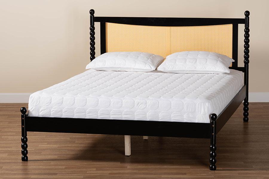 Baxton Studio Okena Mid-Century Modern Black Wood Queen Size Platform Bed with Woven Rattan FredCo
