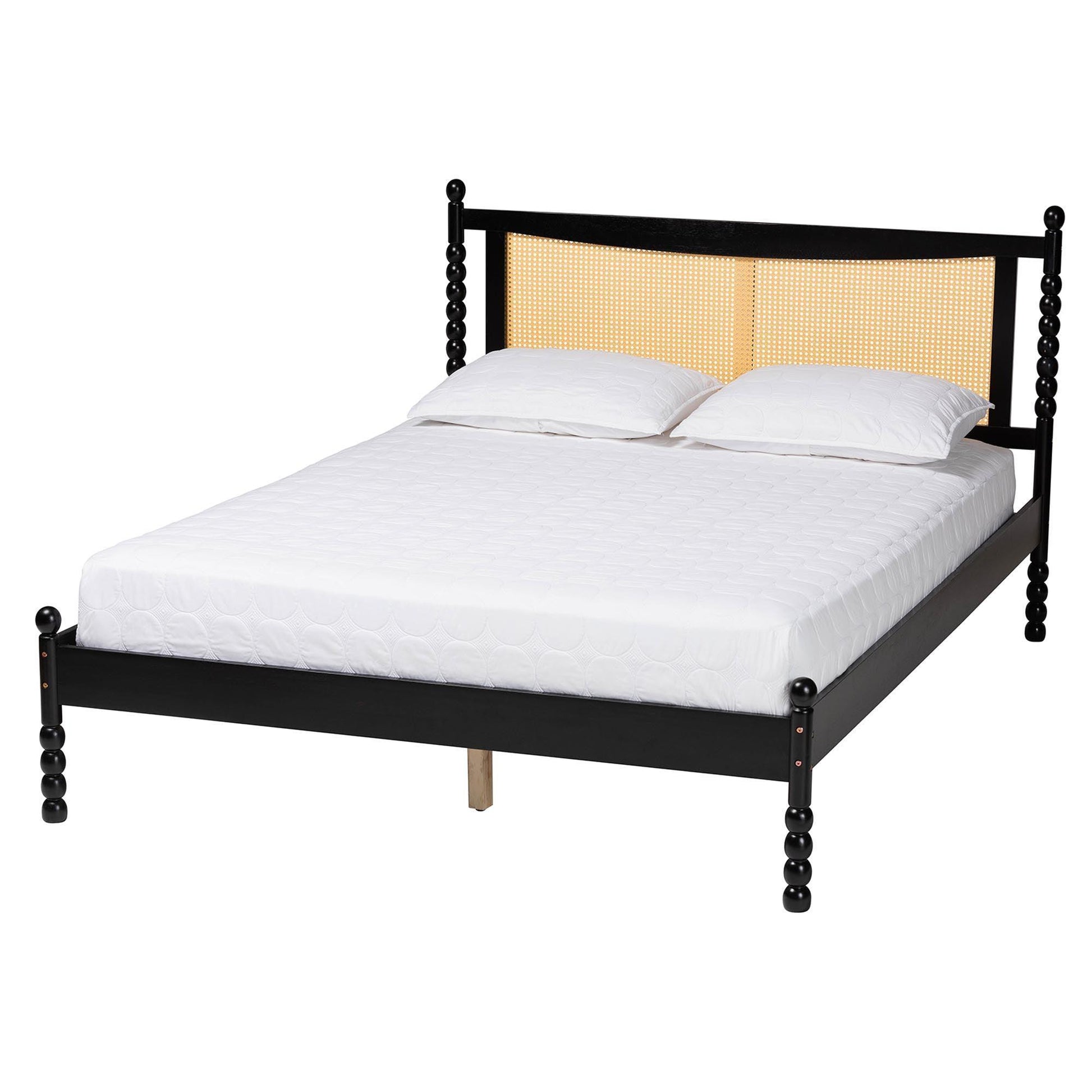 Baxton Studio Okena Mid-Century Modern Black Wood Queen Size Platform Bed with Woven Rattan FredCo