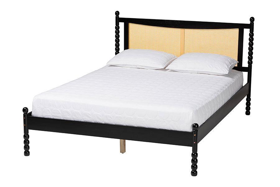 Baxton Studio Okena Mid-Century Modern Black Wood Queen Size Platform Bed with Woven Rattan FredCo