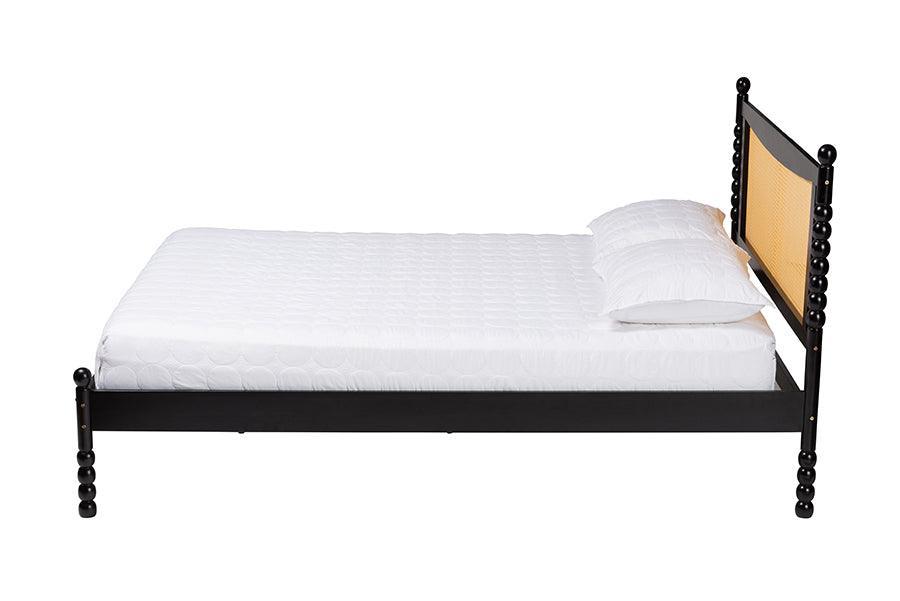 Baxton Studio Okena Mid-Century Modern Black Wood Queen Size Platform Bed with Woven Rattan FredCo