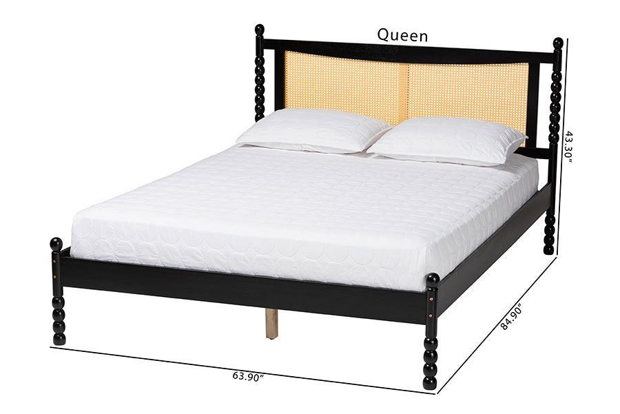 Baxton Studio Okena Mid-Century Modern Black Wood Queen Size Platform Bed with Woven Rattan FredCo
