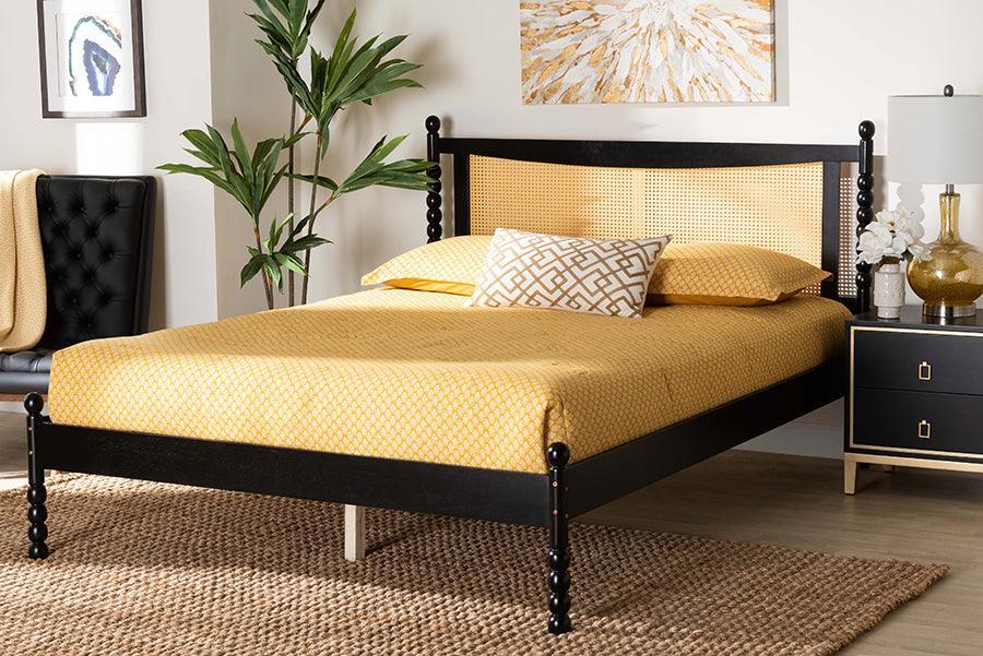 Baxton Studio Okena Mid-Century Modern Black Wood Queen Size Platform Bed with Woven Rattan FredCo