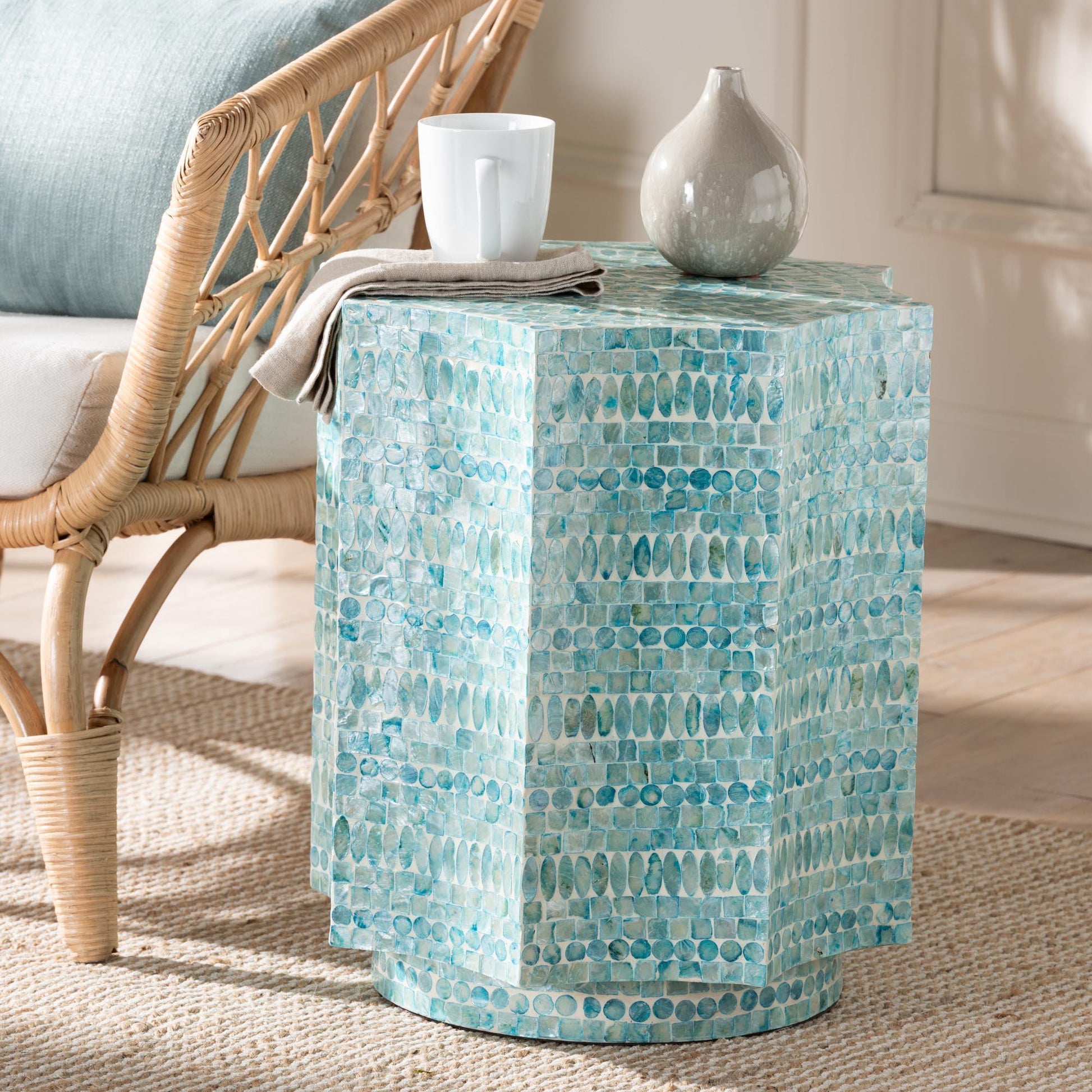 Baxton Studio Olesia Modern Bohemian Blue Mother of Pearl End Table FredCo