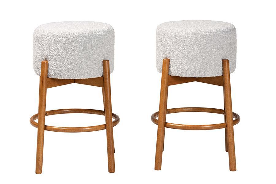Baxton Studio Olwen Modern Japandi Light Grey Boucle Fabric and Walnut Brown Finished Wood 2-Piece Bar Stool Set FredCo