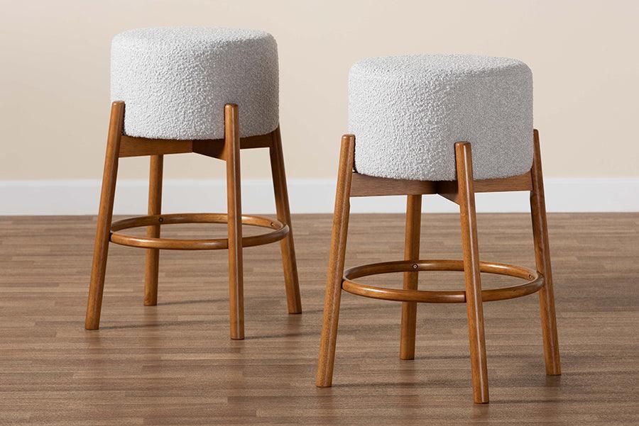 Baxton Studio Olwen Modern Japandi Light Grey Boucle Fabric and Walnut Brown Finished Wood 2-Piece Bar Stool Set FredCo