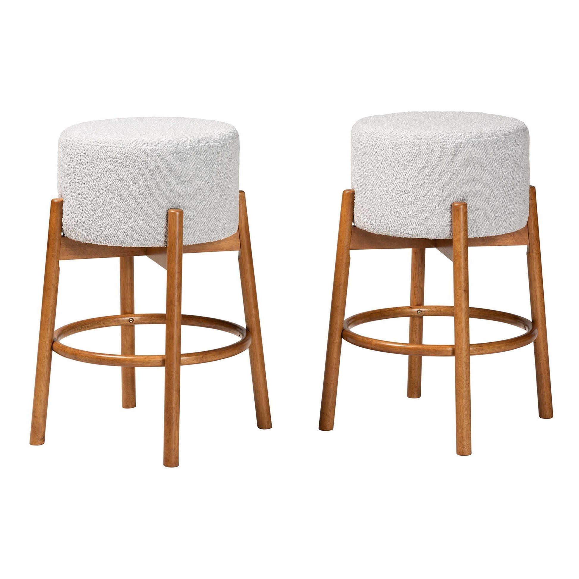 Baxton Studio Olwen Modern Japandi Light Grey Boucle Fabric and Walnut Brown Finished Wood 2-Piece Bar Stool Set FredCo