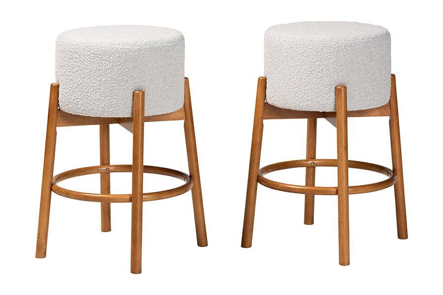 Baxton Studio Olwen Modern Japandi Light Grey Boucle Fabric and Walnut Brown Finished Wood 2-Piece Bar Stool Set FredCo