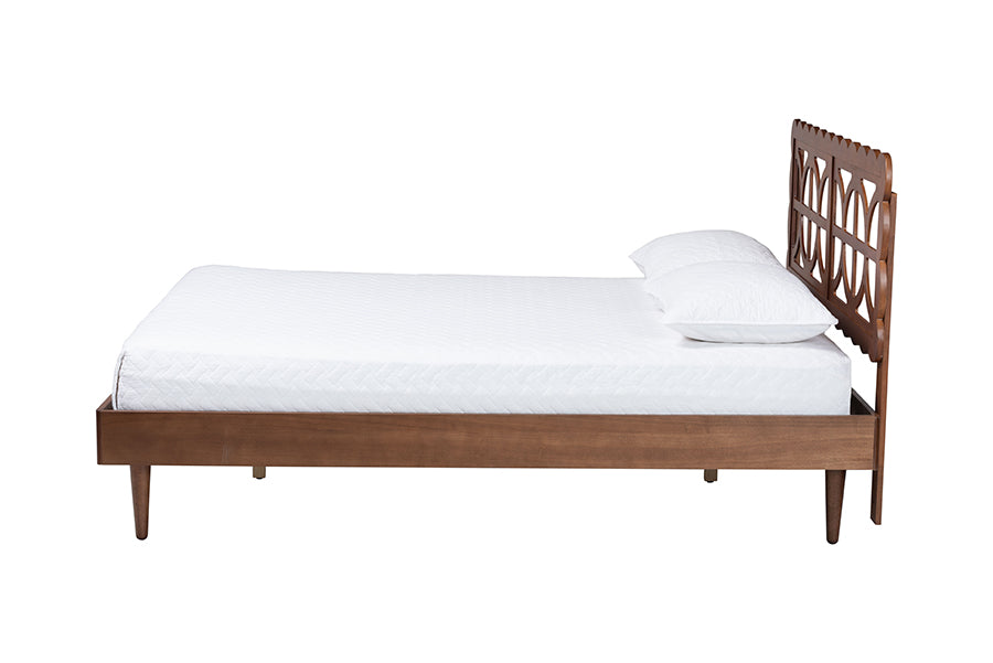 Mid-century modern wooden bed frame with geometric headboard and white bedding from FredCo International