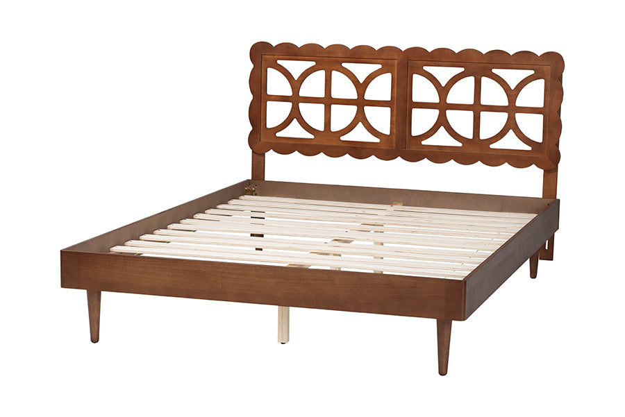 Mid-century modern wooden bed frame with geometric cutout headboard from FredCo International