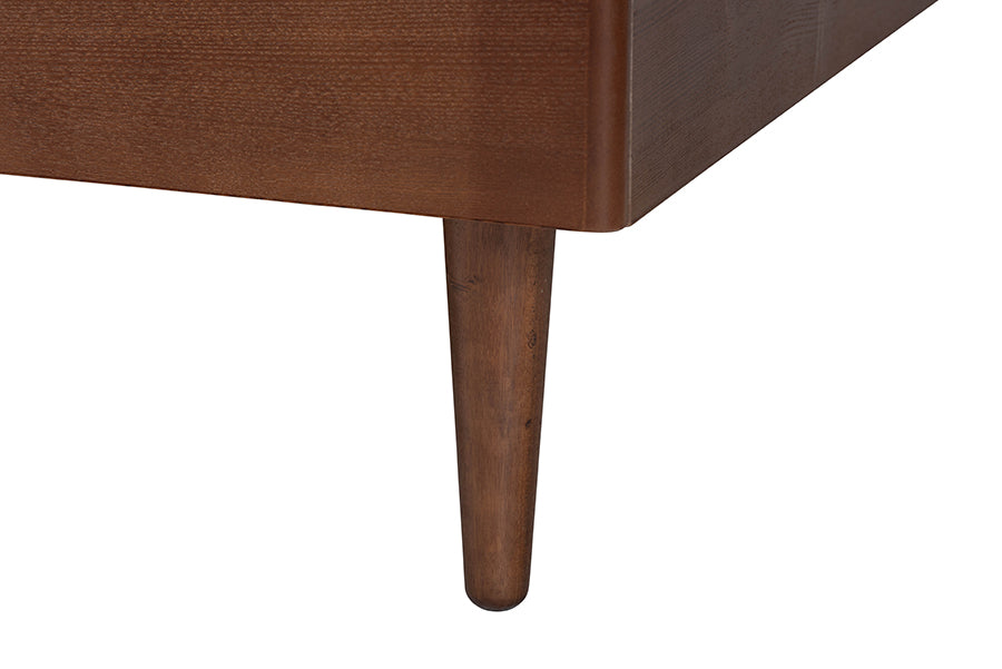 Mid-century modern wooden bed frame corner with tapered leg, FredCo International furniture