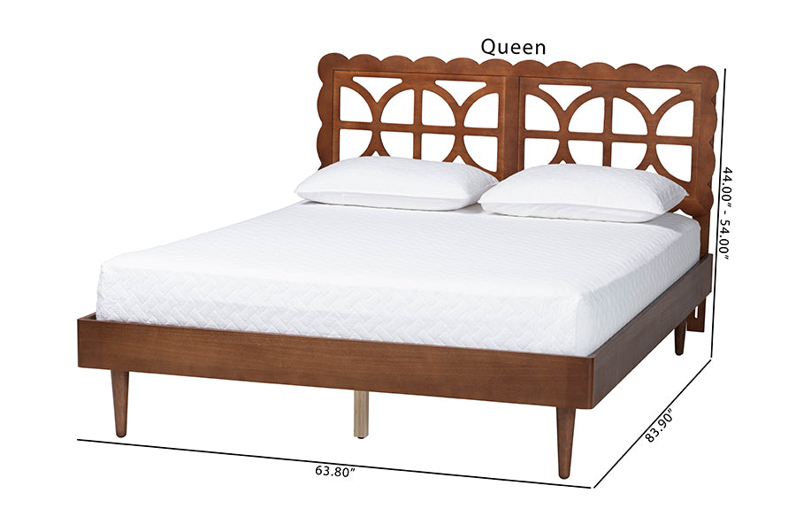 Queen size mid-century modern bed with wood frame and carved headboard, FredCo International