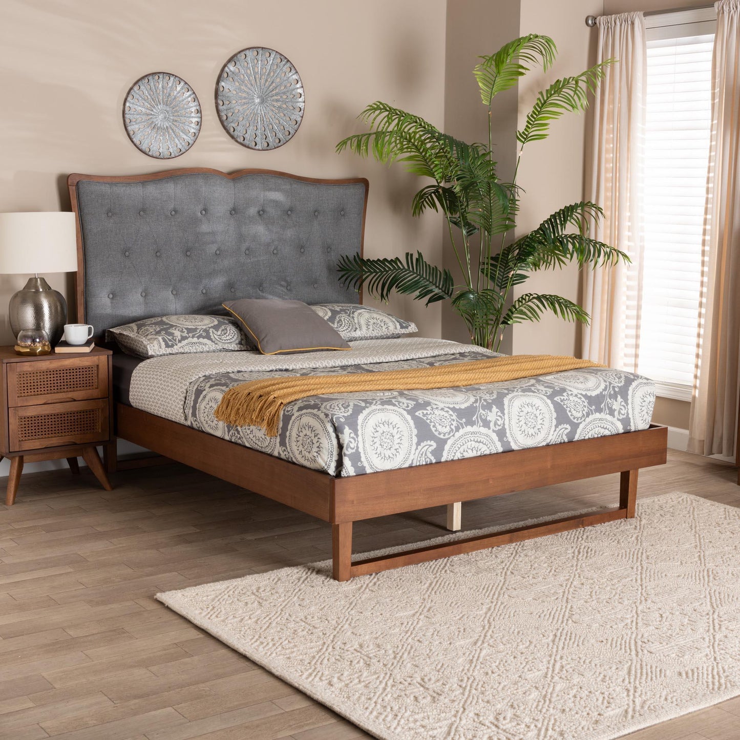 Baxton Studio Padilla Classic and Traditional Grey Fabric and Walnut Brown Finished Wood Platform Bed FredCo