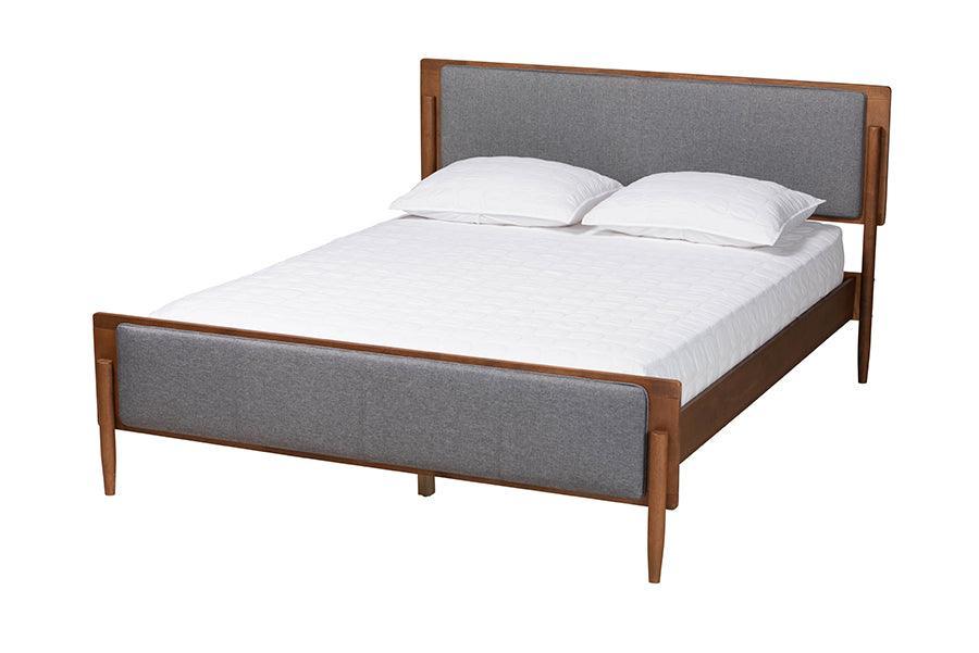 Baxton Studio Powers Mid-Century Modern Grey Fabric and Ash Walnut Finished Wood Platform Bed FredCo