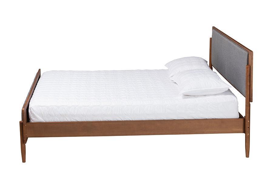 Baxton Studio Powers Mid-Century Modern Grey Fabric and Ash Walnut Finished Wood Platform Bed FredCo