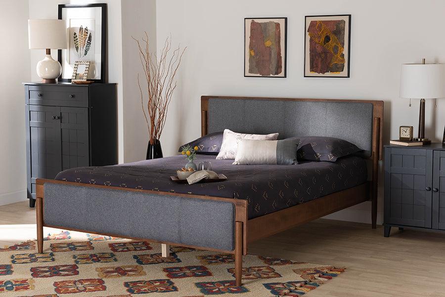 Baxton Studio Powers Mid-Century Modern Grey Fabric and Ash Walnut Finished Wood Platform Bed FredCo
