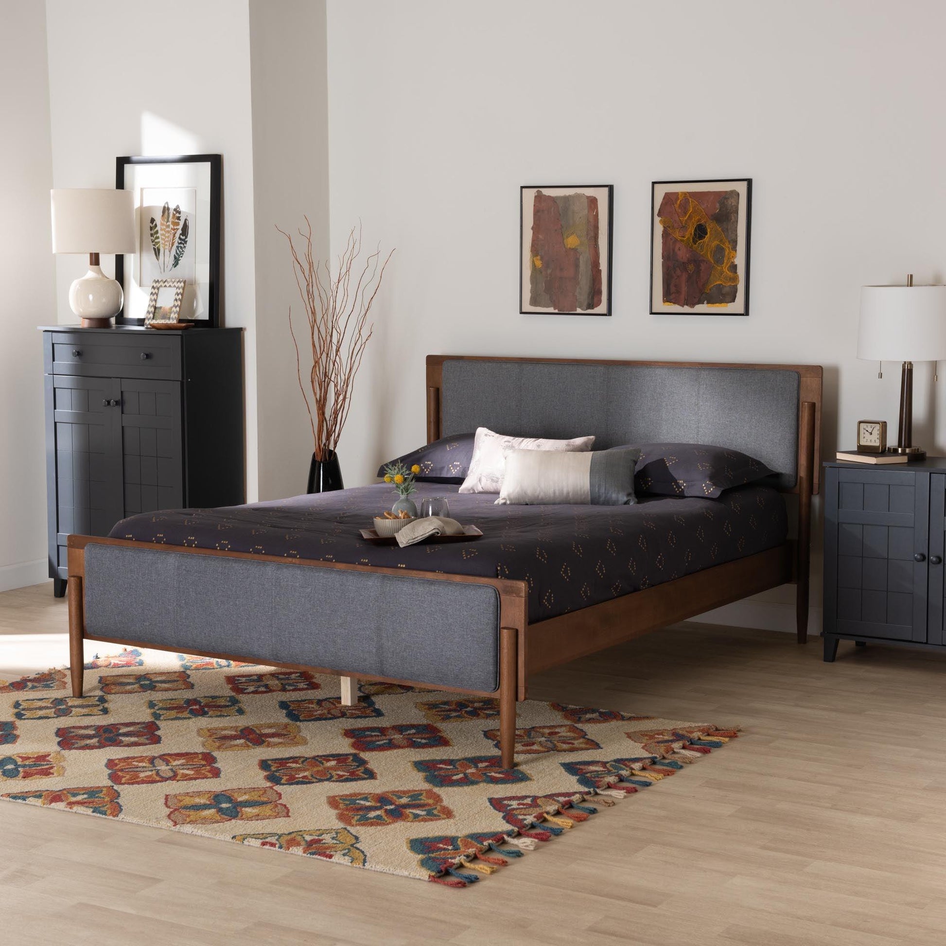 Baxton Studio Powers Mid-Century Modern Grey Fabric and Ash Walnut Finished Wood Platform Bed FredCo