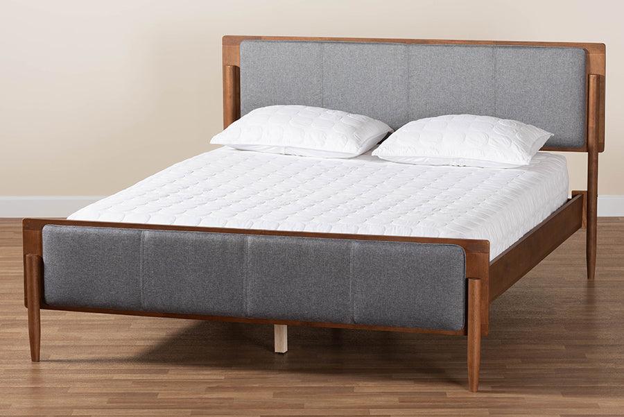 Baxton Studio Powers Mid-Century Modern Grey Fabric and Ash Walnut Finished Wood Platform Bed FredCo