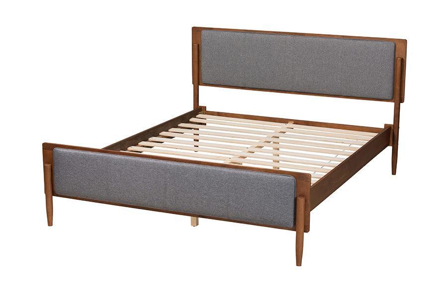 Baxton Studio Powers Mid-Century Modern Grey Fabric and Ash Walnut Finished Wood Platform Bed FredCo