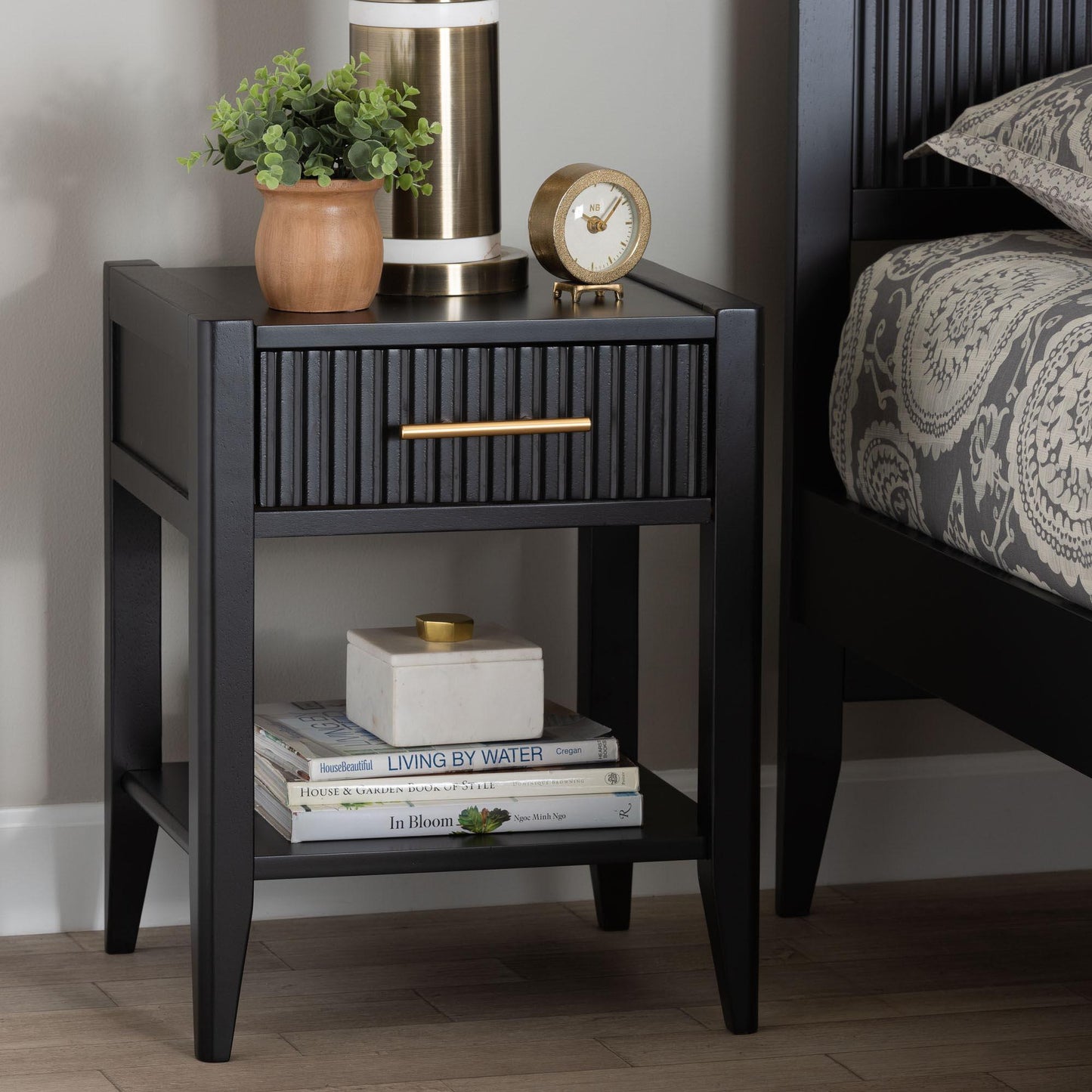 Baxton Studio Primrose Mid-Century Black Fluted Wood 1-Drawer Nightstand FredCo