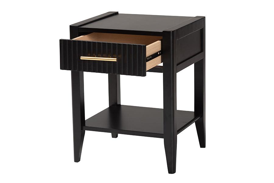 Baxton Studio Primrose Mid-Century Black Fluted Wood 1-Drawer Nightstand FredCo