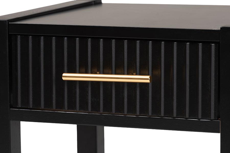 Baxton Studio Primrose Mid-Century Black Fluted Wood 1-Drawer Nightstand FredCo