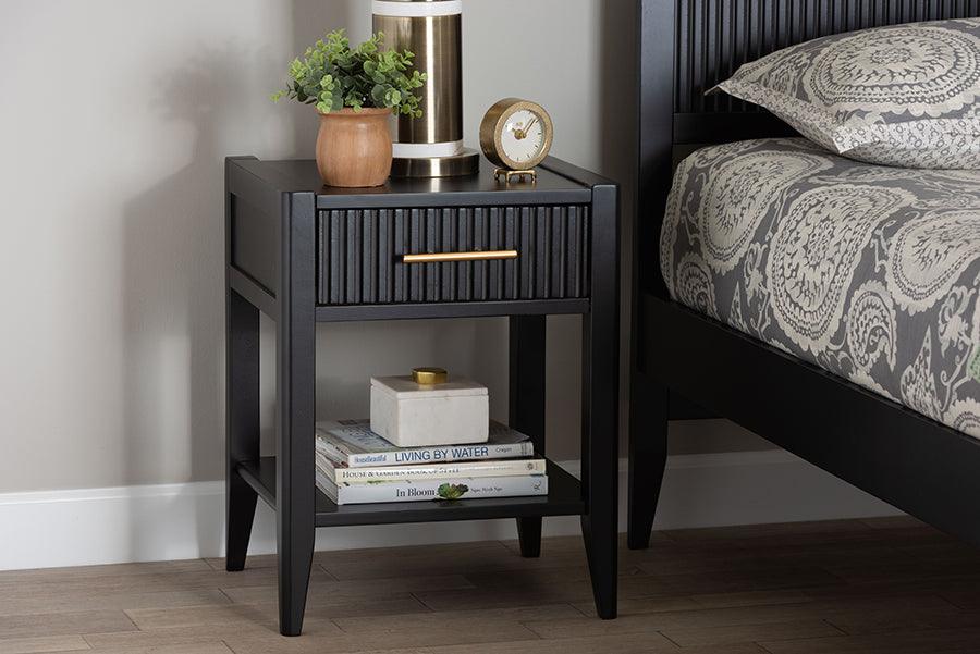 Baxton Studio Primrose Mid-Century Black Fluted Wood 1-Drawer Nightstand FredCo