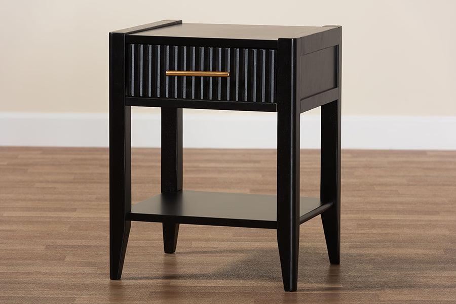 Baxton Studio Primrose Mid-Century Black Fluted Wood 1-Drawer Nightstand FredCo