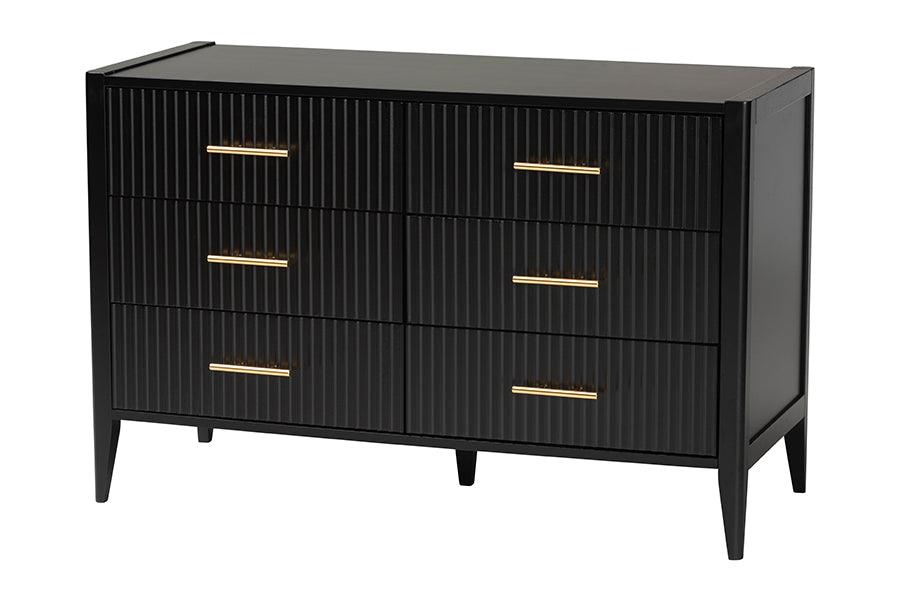 Baxton Studio Primrose Mid-Century Black Fluted Wood 6-Drawer Dresser FredCo