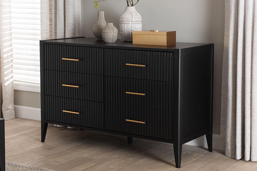 Baxton Studio Primrose Mid-Century Black Fluted Wood 6-Drawer Dresser FredCo