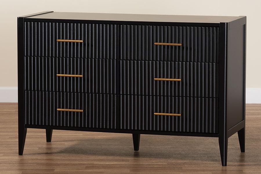 Baxton Studio Primrose Mid-Century Black Fluted Wood 6-Drawer Dresser FredCo