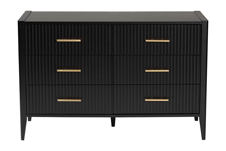 Baxton Studio Primrose Mid-Century Black Fluted Wood 6-Drawer Dresser FredCo